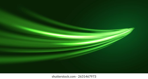 Líneas de velocidad verdes brillantes. Efecto luminoso. Onda de rastro ligero, remolino de curva de filamento. Vector. EPS 10.