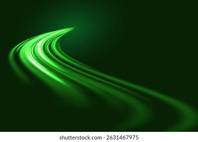 Glowing green speed lines. Light glowing effect. Light trail wave, filament curve swirl. Vector. EPS 10.