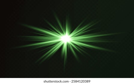 Glowing green starburst light effect on a dark background. Radiating beams create a luminous flare, symbolizing energy, illumination, and futuristic design. Sci-fi, digital effects, abstract