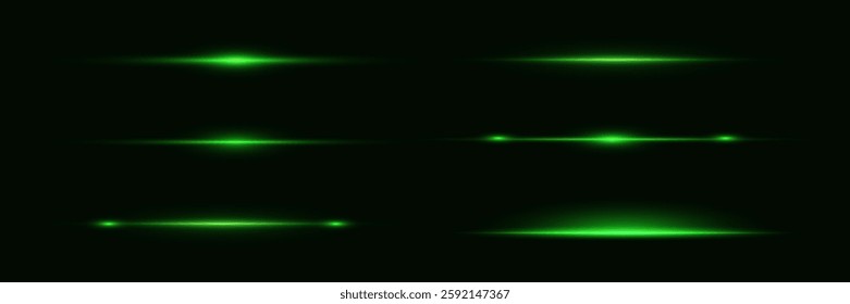 Glowing green stripes. Pack of horizontal glare, laser beams.Light rays.Vector illustration.