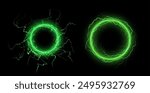 Glowing green thunder circle effect with electric sparks and energy lines. Vector illustration of two circular electric elements with dynamic lightning effects for design projects.