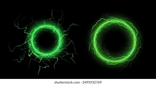 Efecto círculo de trueno verde brillante con chispas eléctricas y líneas de energía. Ilustración vectorial de dos Elementos eléctricos circulares con efectos de iluminación dinámicos para proyectos de diseño.