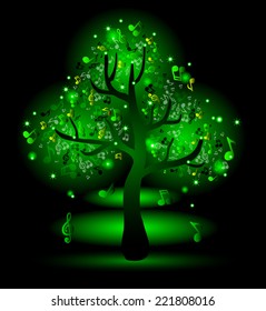 Glowing green tree with music notes 