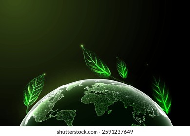 Glowing green wireframe leaves sprouting from a digital Earth. A futuristic concept of sustainability, ecology, and environmental responsibility. Earth day web banner. Modern vector illustration. 