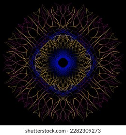 Glowing guilloche gradient pattern of many wavy blending lines. Colorful traditional scythian mandala.