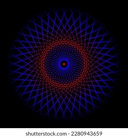 Glowing guilloche round gradient pattern of many winding lines. Red and blue wheel on black.