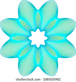 Glowing guilloche star rosette with light and dark blended hues of teal and green gradient colors emulating a glowing center.