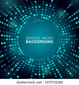 Glowing halftone dots circle shiny blue design for club, party, show invitation. Abstract neon lights background for your design. Vector Illustration
