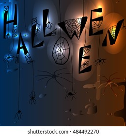 Glowing halloween background with hand drawn text "Halloween". Vector.