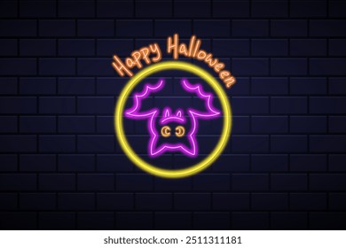 Brillante tipografía de neón de Halloween con murciélagos colgantes. Anuncio ligero. Icono aislado de neón, emblema, Plantilla de diseño. Vector.