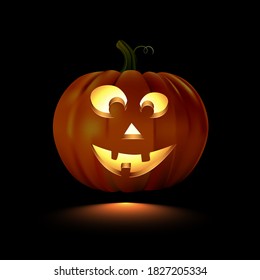 Glowing Halloween pumpkin with smiling face isolated on black background. Vector design element