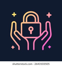 Glowing hands protecting a padlock. Icon symbol illustration