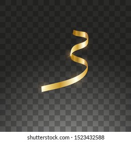 Glowing hanging curl serpentine. Golden yellow metallic color New Year Christmas decoration design element gold streamer isolated on transparent background. Vector illustration