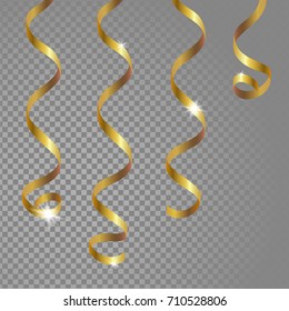 Glowing Hanging Curl Serpentine. Golden Yellow Metallic Color New Year Christmas Decoration Design Element Gold Streamer Isolated On Transparent Background Vector Illustration