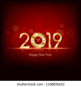 glowing Happy new year 2019 and clock face with abstract bokeh and lens flare pattern in red color background