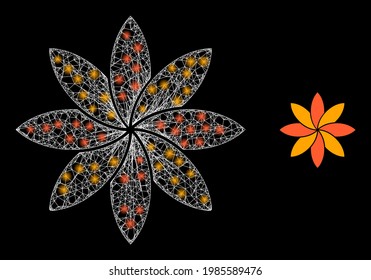 Glowing hatched flower with light spots. Linear carcass 2D mesh generated with crossed white lines and flower icon. White mesh and sparkle frame mesh flower on a black background.