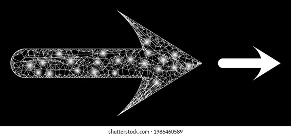 Glowing hatched forward arrow with glowing spots. Wire carcass flat mesh generated with crossed white lines and forward arrow icon.