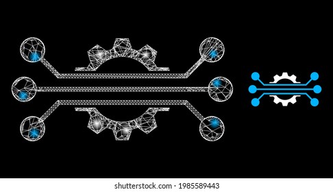 Glowing Hatched Hitech Industry With Glowing Spots. Wire Carcass Flat Network Generated With Crossed White Lines And Hitech Industry Icon.