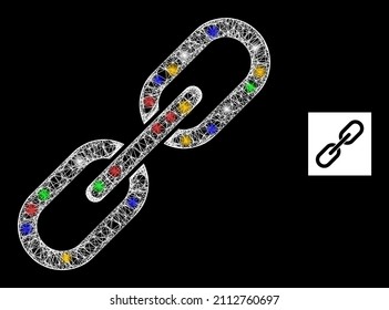Glowing hatched mesh chain with multicolored flash nodes. Illuminated vector mesh created from chain icon. Sparkle carcass polygonal chain, on a black backgound.