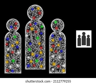 Glowing hatched mesh crowd with multicolored light spots. Illuminated vector mesh created from crowd icon. Sparkle constellation mesh crowd, on a black backgound.