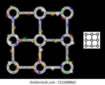 Glowing hatched mesh crystal grid centers with colored flash nodes. Illuminated vector frame created from crystal grid centers icon. Sparkle frame mesh crystal grid centers, on a black backgound.