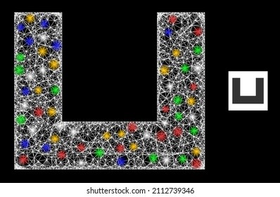 Glowing hatched mesh empty box with colored light dots. Illuminated vector structure created from empty box symbol. Sparkle carcass mesh empty box, on a black backgound.