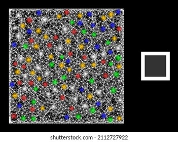 Glowing hatched mesh filled square with colorful glowing spots. Illuminated vector framework created from filled square pictogram. Sparkle constellation mesh filled square, on a black backgound.