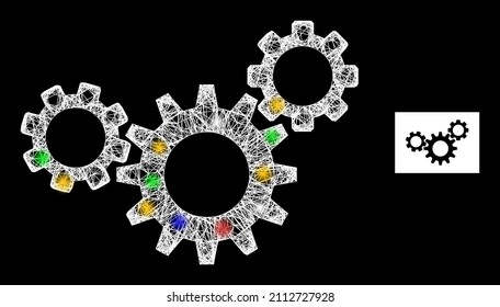 Glowing hatched mesh gear mechanism with colored glowing spots. Illuminated vector mesh created from gear mechanism icon. Sparkle carcass wired gear mechanism, on a black backgound.