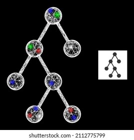 Glowing hatched mesh hierarchy structure with vibrant light spots. Illuminated vector carcass created from hierarchy structure icon. Sparkle carcass mesh hierarchy structure, on a black backgound.