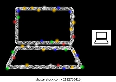 Glühender Notebook-Computer mit geschlüpften Maschen mit mehrfarbigen leuchtenden Flecken. Illuminiertes Vektorframework, erstellt aus Laptop-Computer-Piktogramm. Funkelnackter Laptop-Computer auf schwarzem Hintergrund.