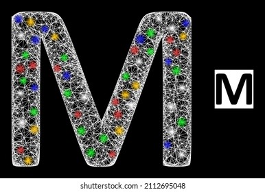 Glowing hatched mesh Mu Greek symbol with multi colored glowing spots. Illuminated vector mesh created from Mu Greek symbol icon. Sparkle constellation mesh Mu Greek symbol, on a black backgound.