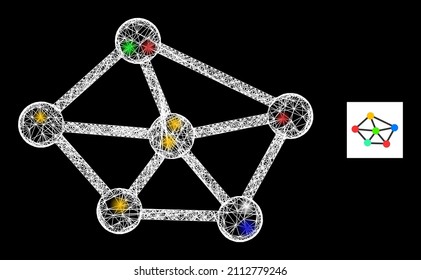 Glowing hatched mesh network with vibrant glowing spots. Illuminated vector carcass created from network pictogram. Sparkle carcass mesh network, on a black backgound.