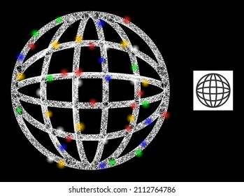 Glowing hatched mesh sphere with colored glowing spots. Illuminated vector model created from sphere pictogram. Sparkle carcass mesh sphere, on a black backgound.