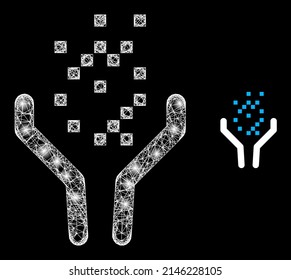 Glowing hatched powder funnel with glowing spots. Wire frame 2D mesh generated with crossing white lines and powder funnel icon.
