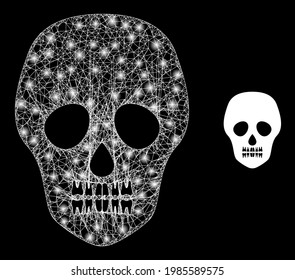 Glowing hatched skull with lightspots. Linear frame flat mesh generated with crossed white lines and skull icon. White mesh and sparkle frame mesh skull on a black background.