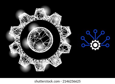 Glowing hatched smart cog with glowing spots. Linear frame 2D mesh generated from crossed white lines and smart cog icon. White mesh and sparkle frame mesh smart cog on a black background.