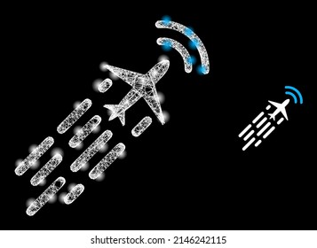 Glowing hatched supersonic airplane flight with glowing spots. Linear frame flat mesh generated with crossing white lines and supersonic airplane flight icon.
