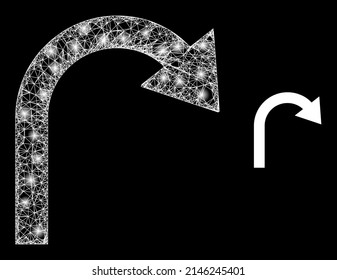 Glowing hatched turn back arrow with light spots. Wire frame flat mesh generated with crossing white lines and turn back arrow icon.