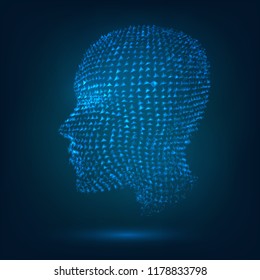 The glowing head of a human from pieces, a hollogram. Concept: technology, artificial intelligence, the human soul