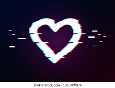 Glowing heart and arrow with glitch effect on dark gradient. Background in TV error style. Happiness and lovetheme. Distorted frame, bug or error for design concepts, presentations or cover.