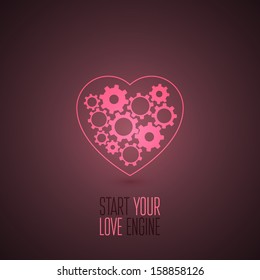 Glowing heart with gears inside. Vector illustration