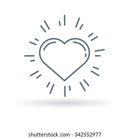 Glowing heart icon. Valentines heart sign with rays symbol. Thin line icon on white background. Vector illustration.