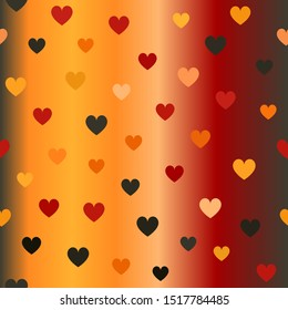 Glowing heart pattern. Seamless vector background - red, peach, black, orange, pumpkin hearts on gradient backdrop