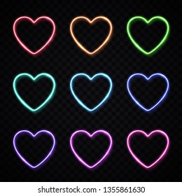 Glowing heart shape borders set on transparent background. Colorful hearts collection in modern neon style. Bright vector illustration for banners flyers cover logo design.