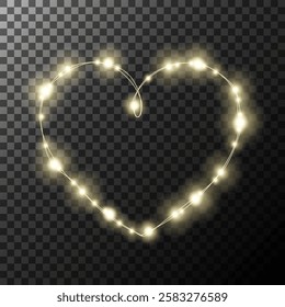 Glowing heart shape created with golden fairy lights on a transparent background.Romantic heart with festive string lights for Valentine's Day,wedding invitations,greeting cards,and decorations.Vector