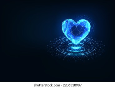 Glowing heart shape in water puddle in futuristic low polygonal style on dark blue background. 