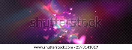 Glowing heart shapes on transparent background. Colorful floating love symbol with lens flare effect. Romantic decorative png element for Valentine card, wedding invitation or relationship design.