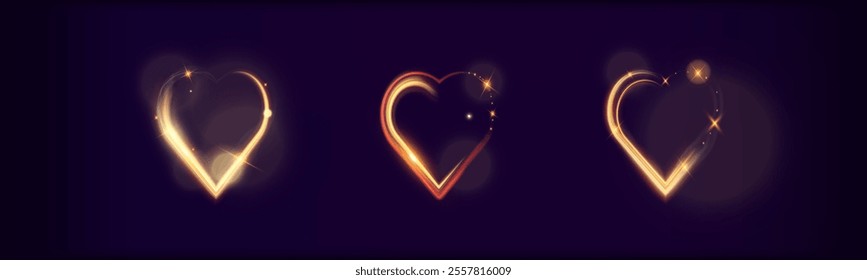 Glowing heart shapes with sparkles and light effects on dark transparent background. Designs include fiery, golden, and neon elements suitable for romantic or festive themes.