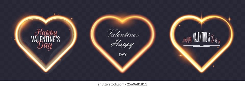 Glowing heart shapes with sparkles and light effects on dark transparent background. Designs include fiery, golden, and neon elements suitable for romantic or festive themes.	