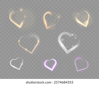 Glowing heart shapes with sparkles and light effects on dark transparent background. Designs include fiery, golden, and neon elements suitable for romantic or festive themes.	